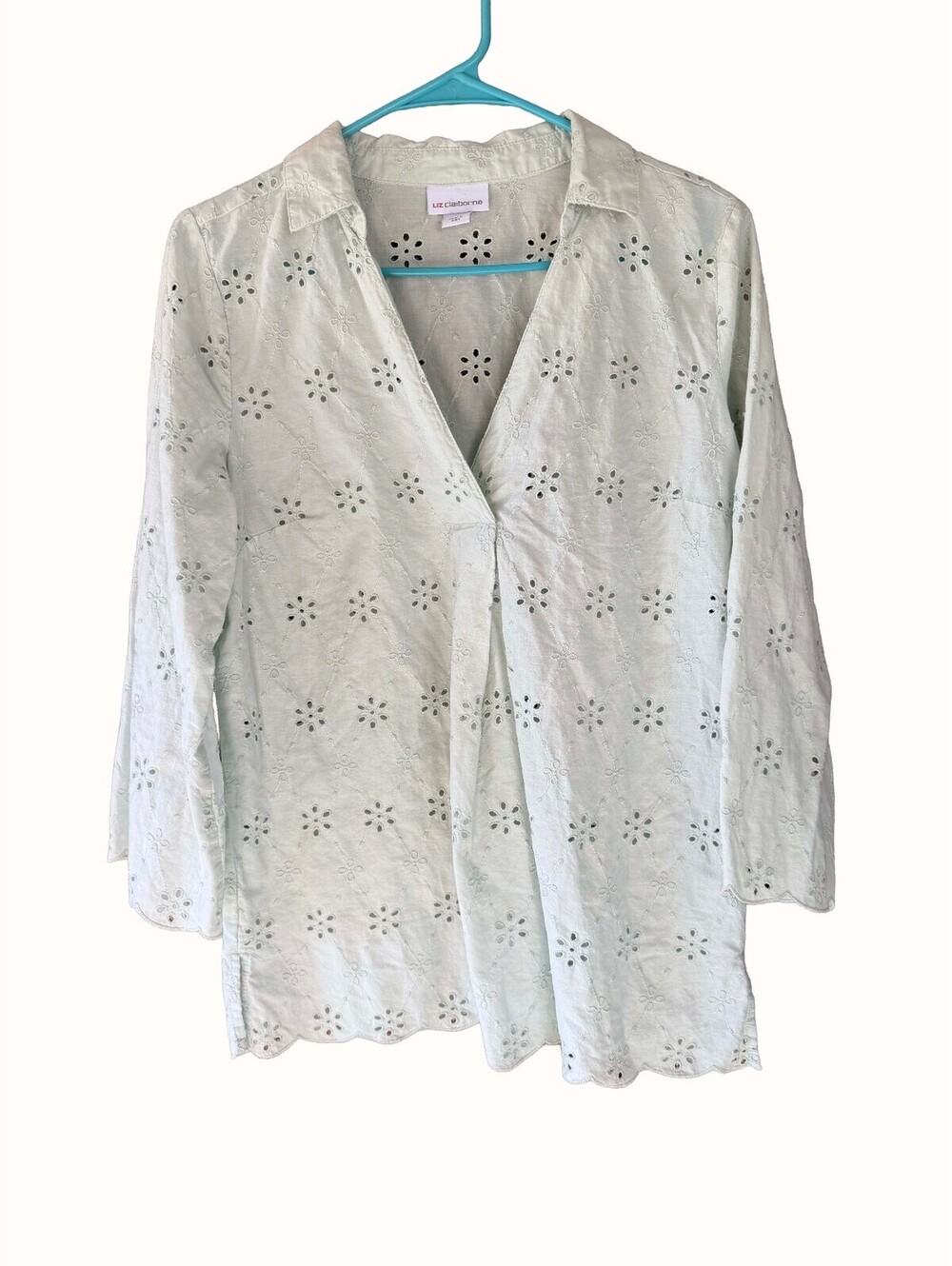 Liz Claiborne Sea Green Eyelet Cotton Tunic Blouse Scalloped Hem Size M